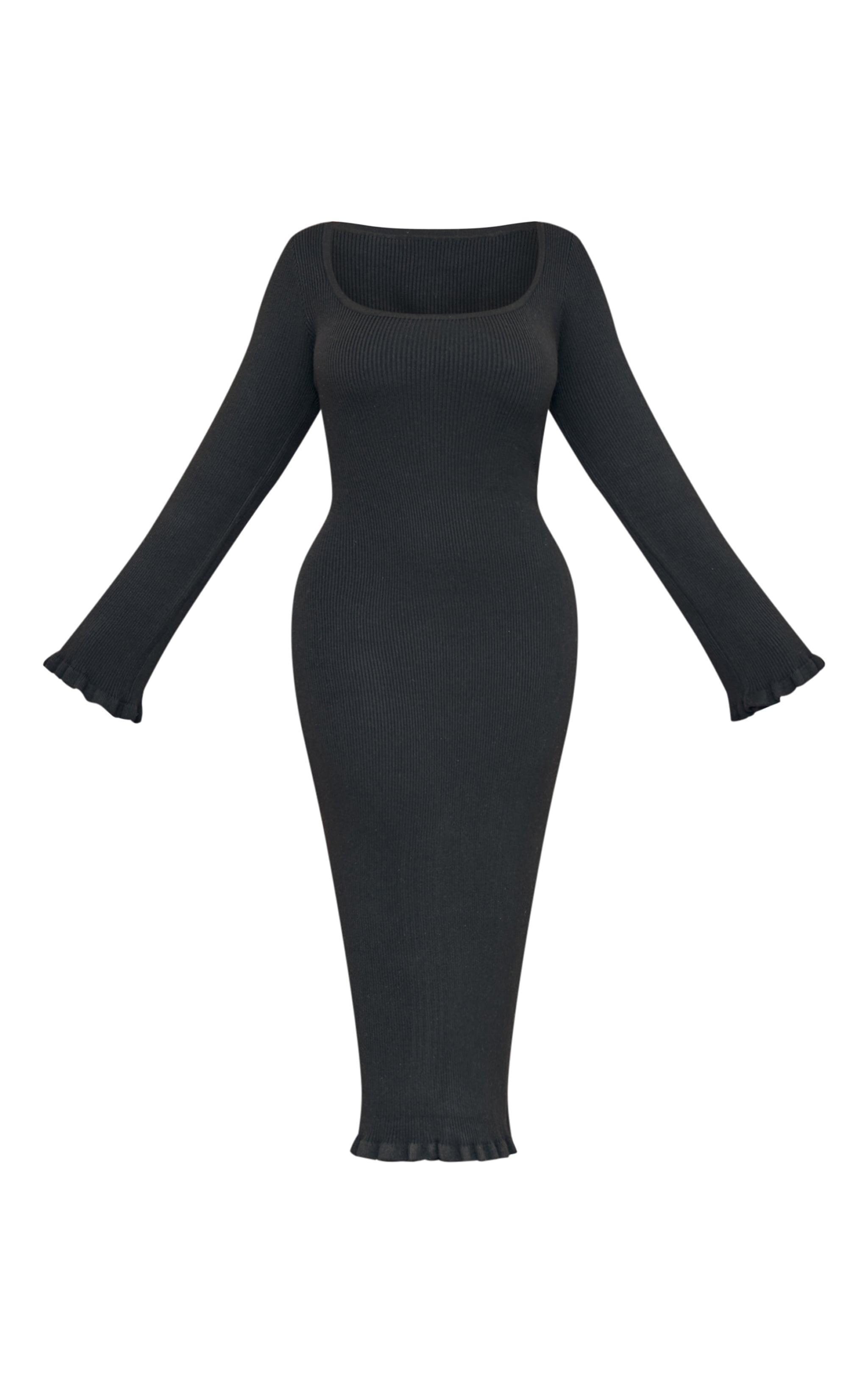 Plus Black Rib Knit Piquet Hem Midi Dress Product Image