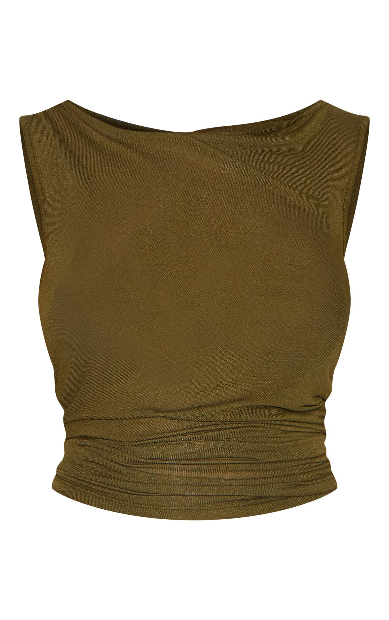  Olive Sheer Soft Touch Cowl Neck Long Vest Top Product Image
