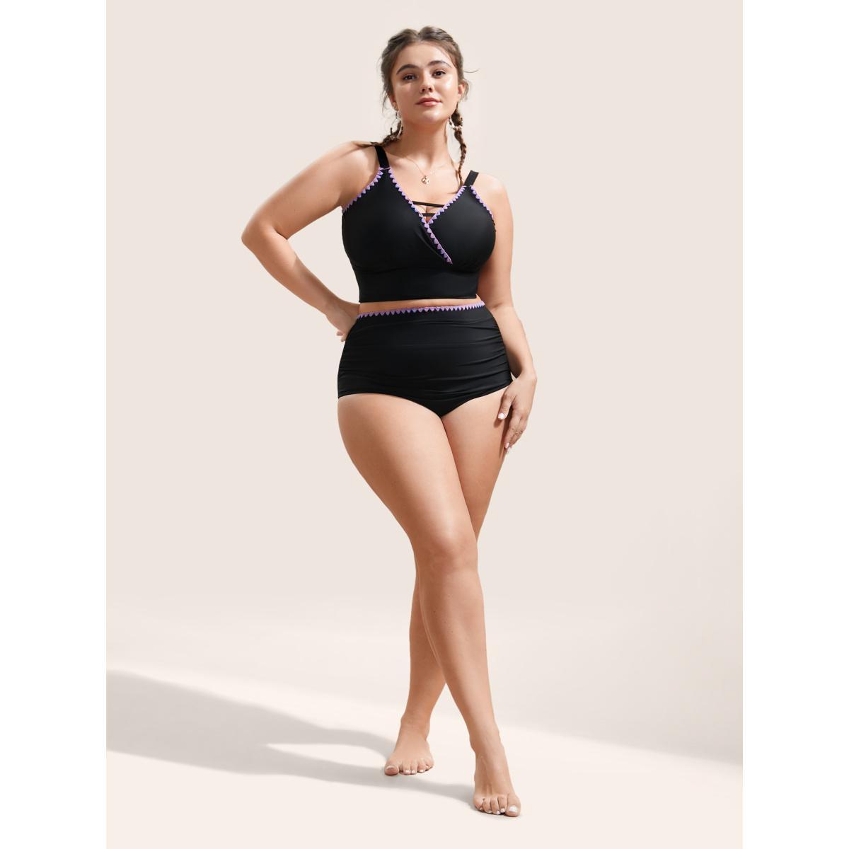 Plus Size Shell Stitch Hollow Out Warp Swim Top Women's Swimwear Black Beach Non High stretch Skinny V-neck Curve Swim Tops BloomChic 30/6X Product Image