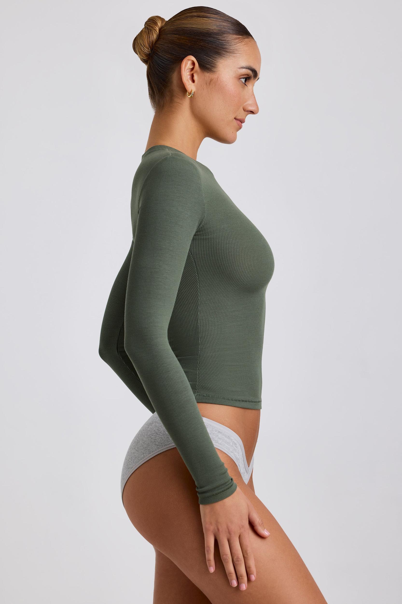 Ribbed Modal Crew Neck Top in Khaki Green Product Image