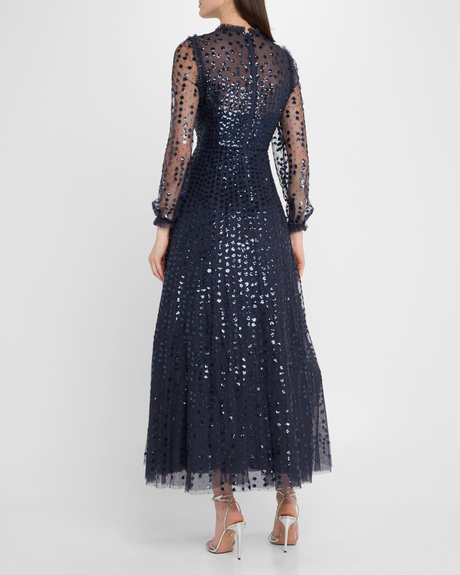 Raindrop Sheer-Sleeve Sequin Ankle Gown Product Image