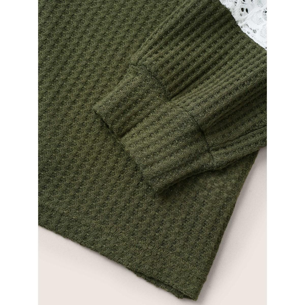 Plus Size Waffle Knit Contrast Lace Patchwork T-shirt ArmyGreen Women Elegant Contrast Plain Round Neck Everyday T-shirts BloomChic 12/L Product Image