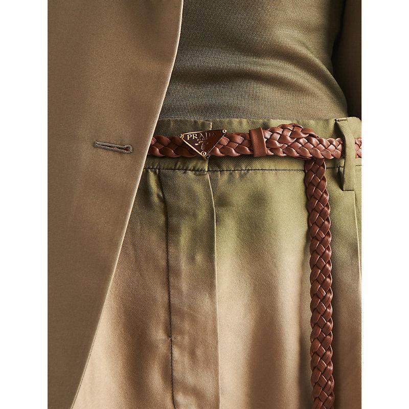 PRADA Womens Brown Branded-buckle Braided Leather Belt Product Image