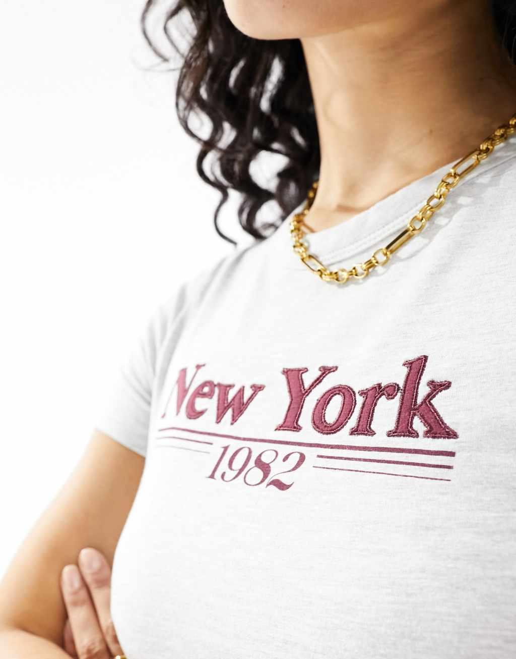 Cotton On fitted shrunken T-shirt in gray with New York graphic  Product Image