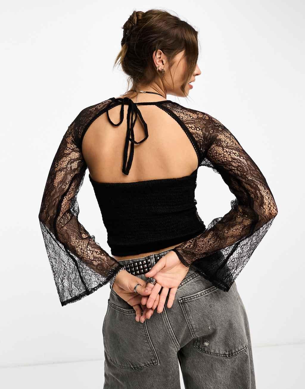 Reclaimed Vintage long sleeve lace corset top-Black Product Image