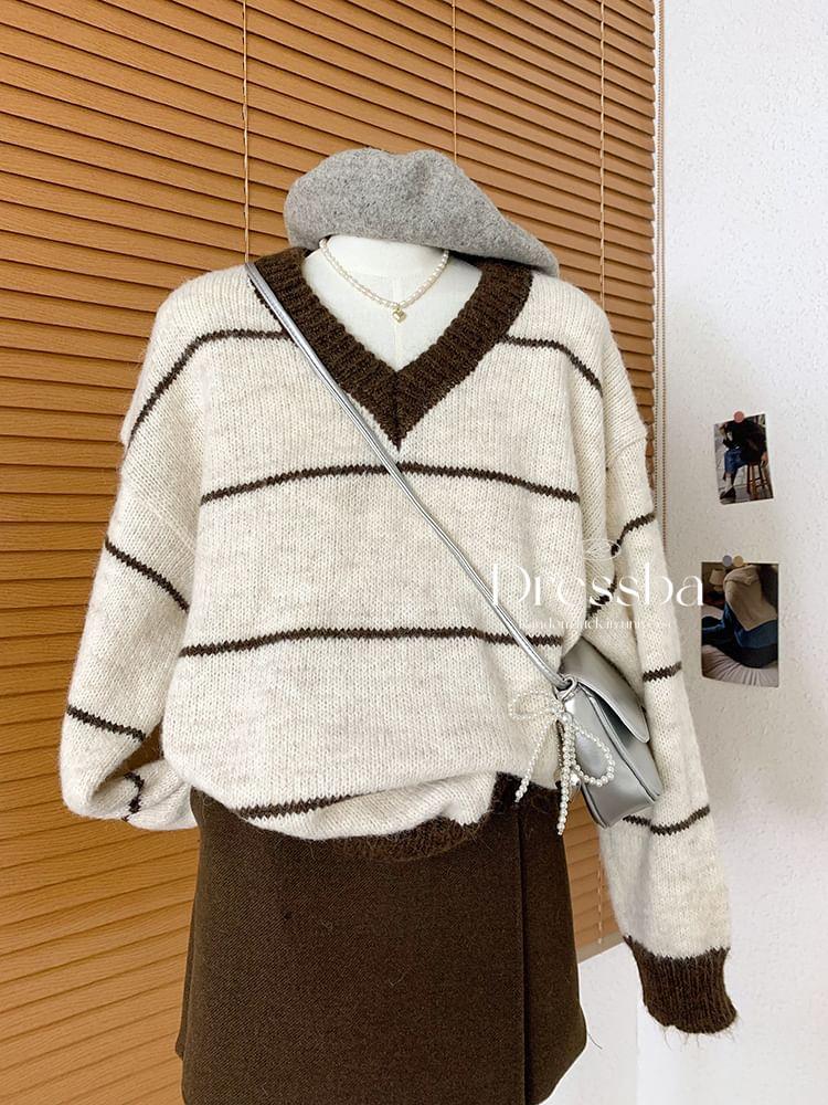 V-Neck Striped Sweater Product Image