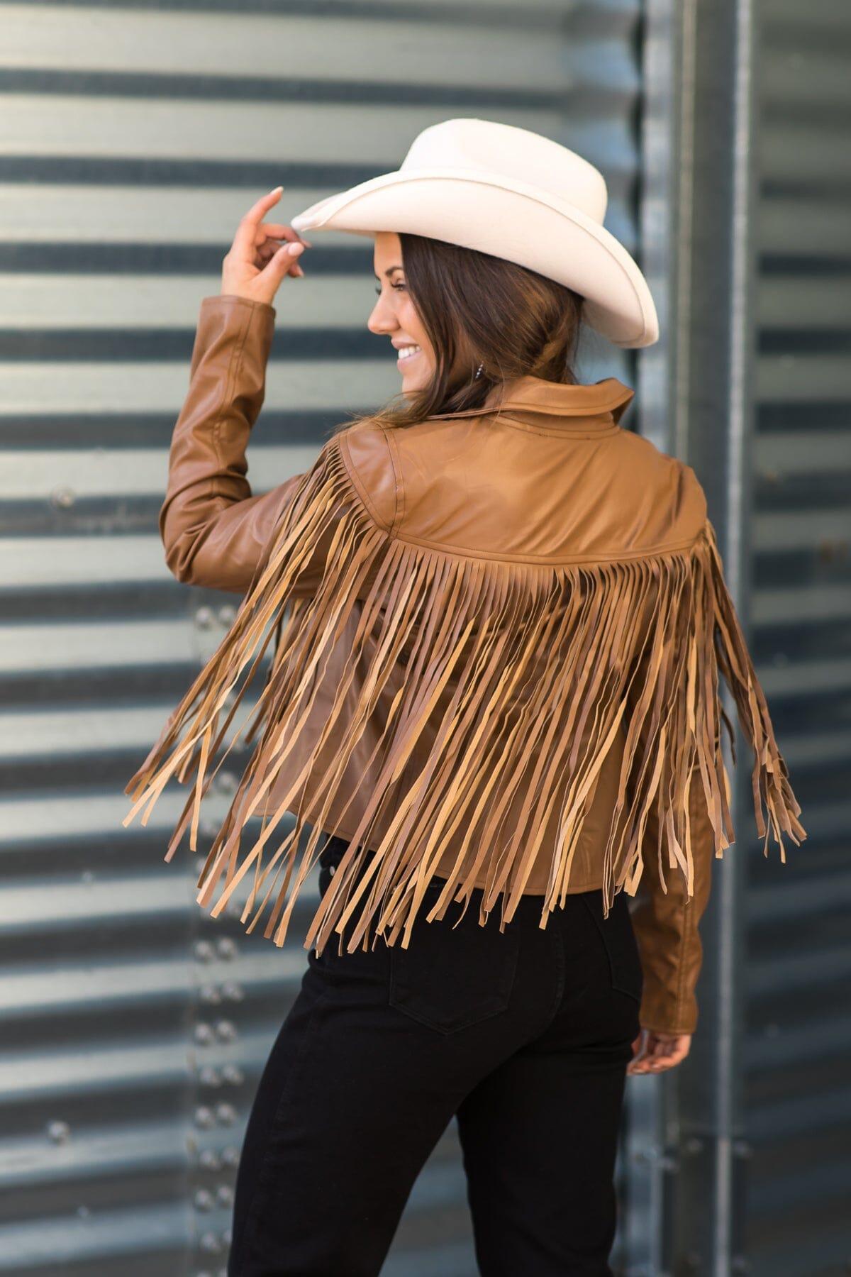 Mocha Faux Leather Jacket With Fringe Product Image