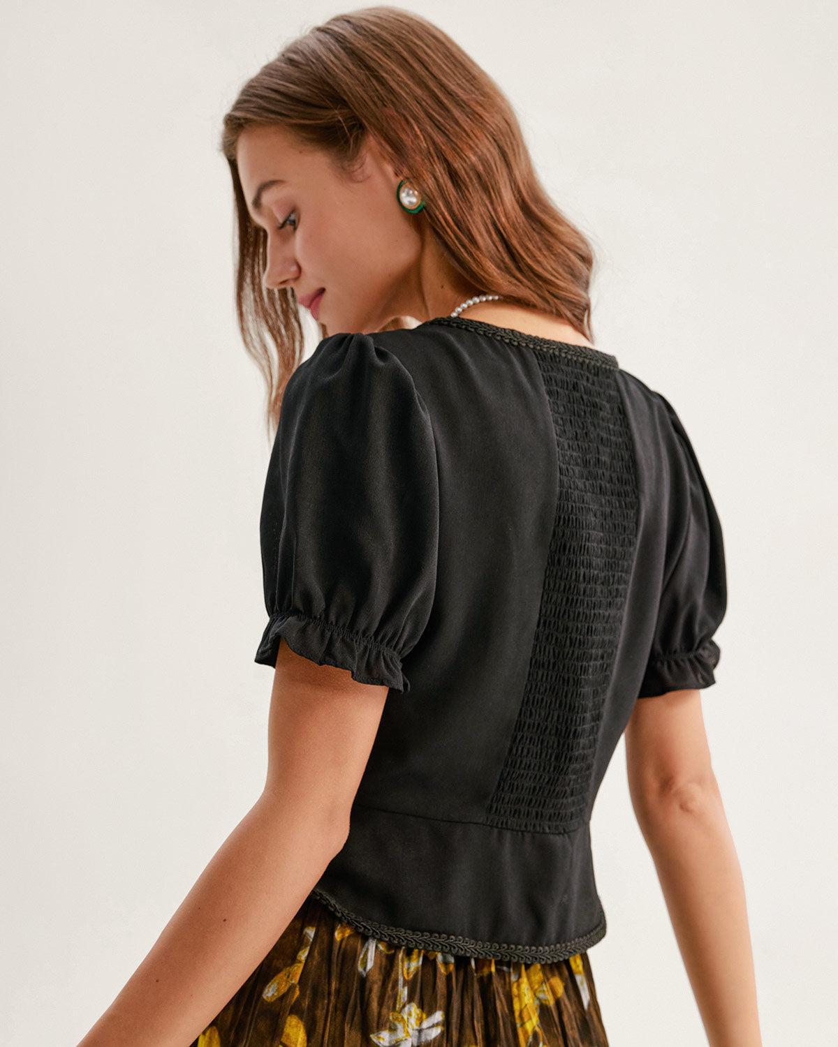 Black Square Neck Shirred Button Blouse Product Image