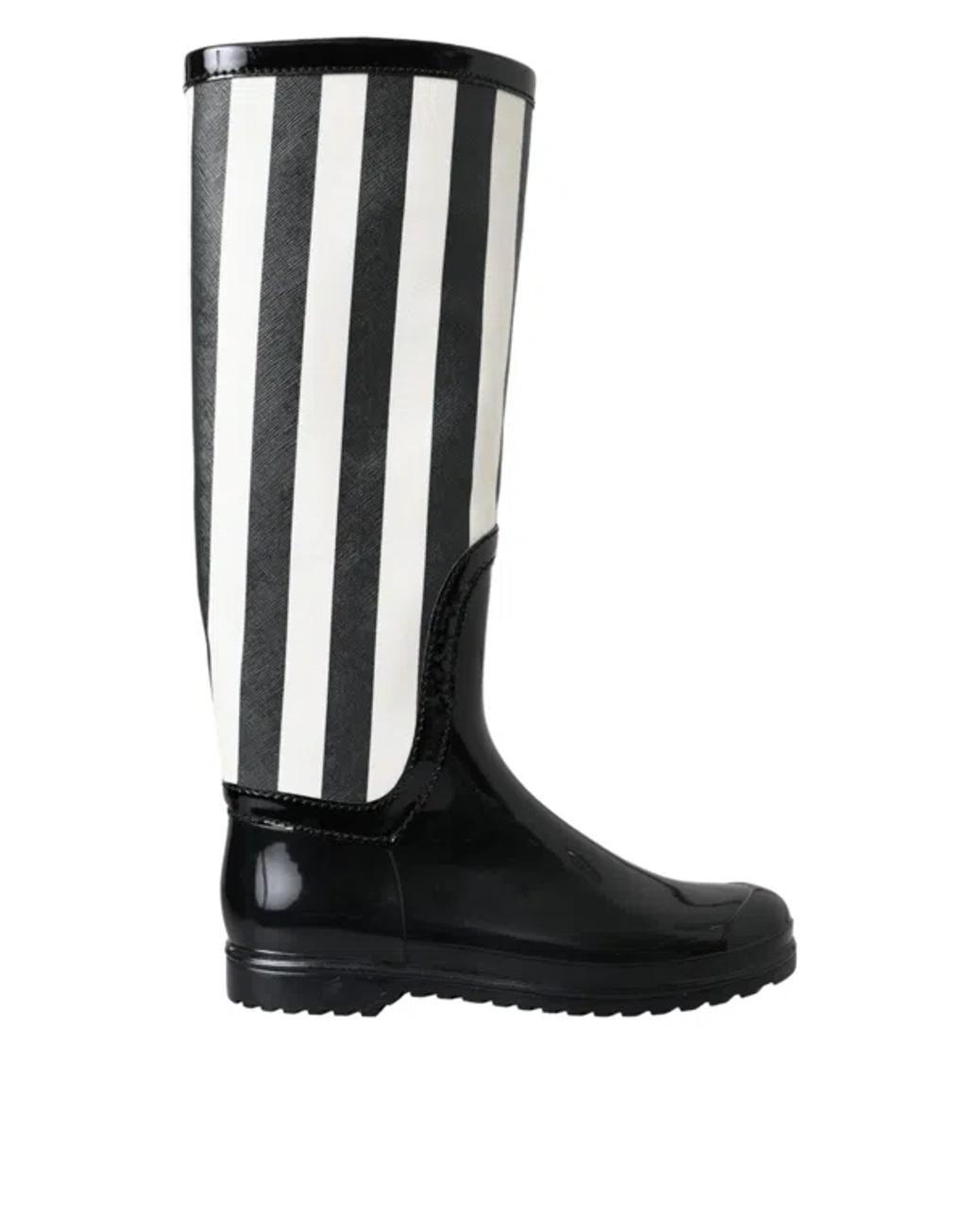 DOLCE & GABBANA Black Rubber Knee High Flat Boots Shoes In Black And White Product Image