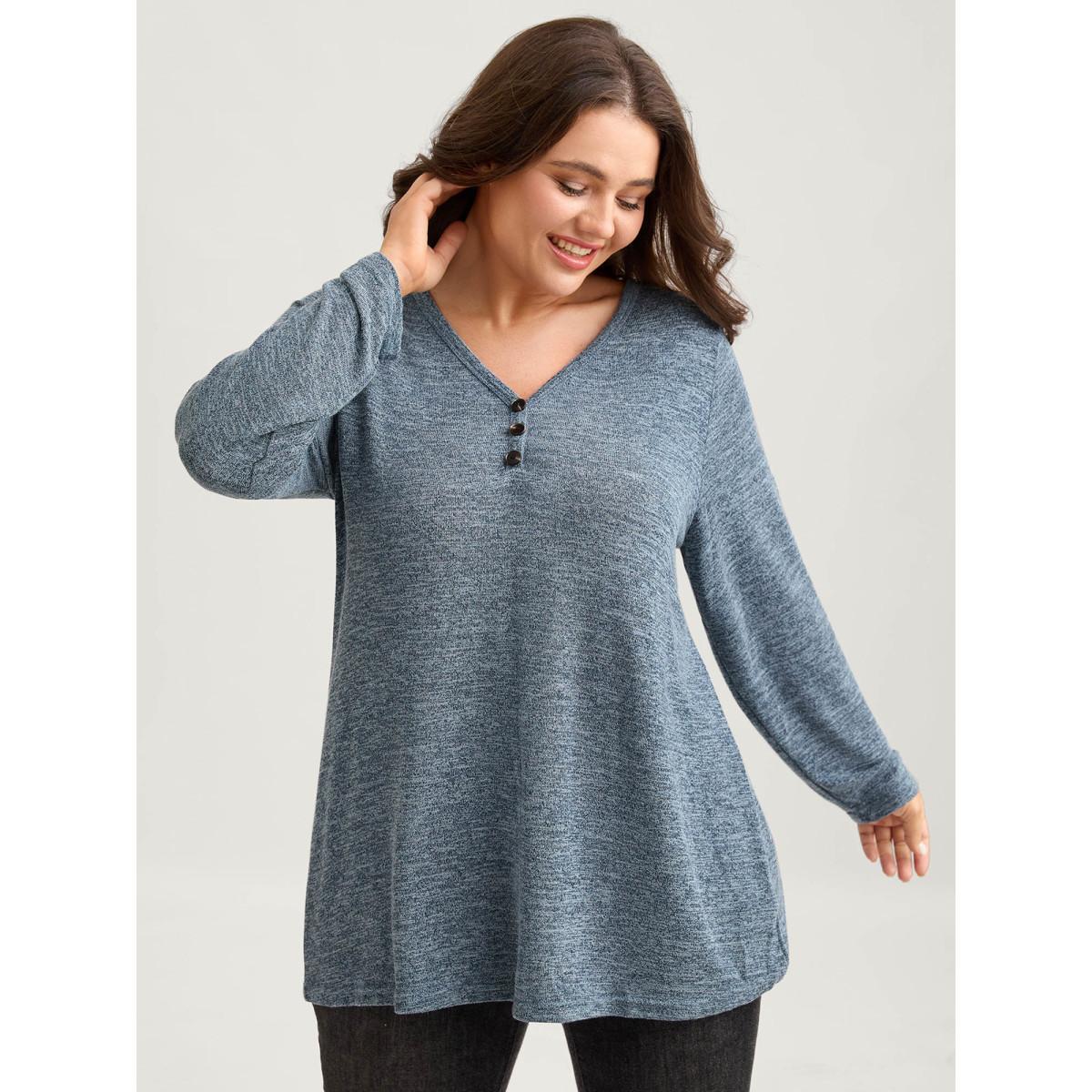 Plus Size Heather Button Up Long Sleeve T-shirt Cerulean Women Leisure Heather Plain Casual T-shirts BloomChic 10/M Product Image