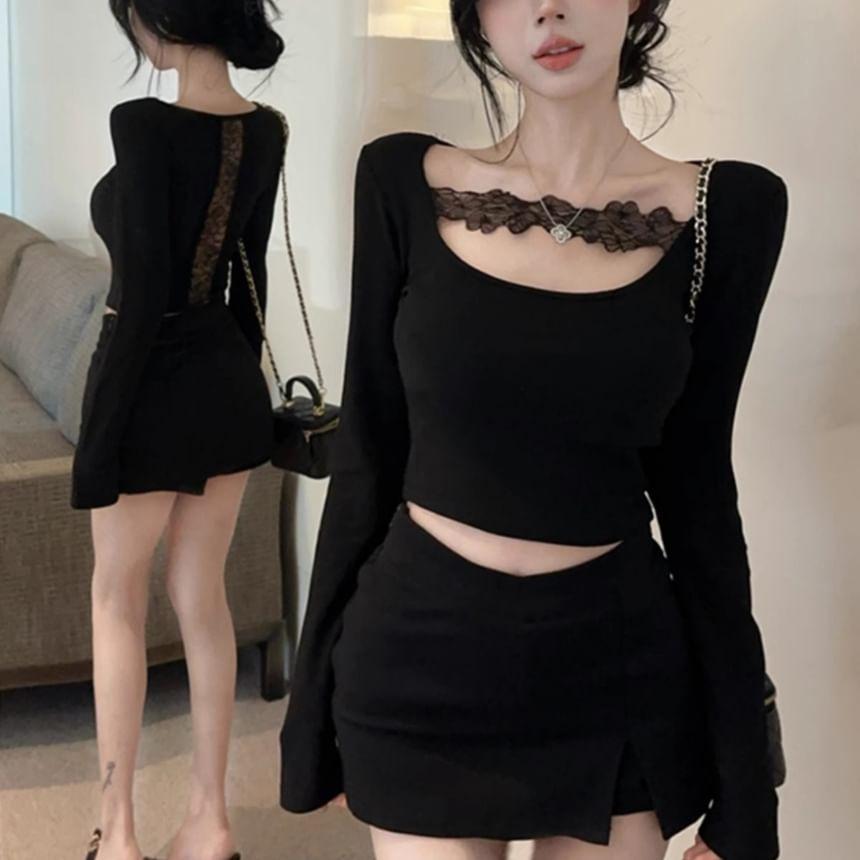 Long Sleeve Lace Panel Plain Slim-Fit Top Product Image