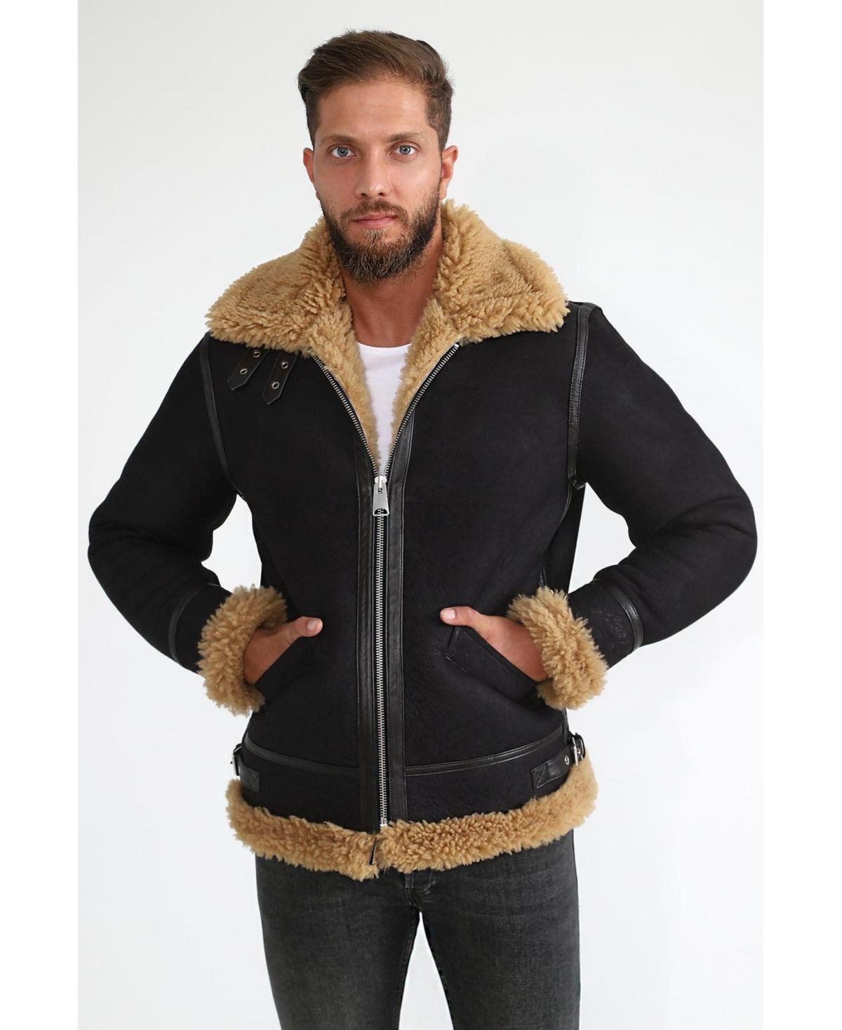 Furniq Uk Mens Shearling Aviator Jacket, Washed Brown with Ginger Curly Wool Product Image