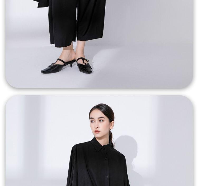 Long-Sleeve Plain Asymmetrical Button-Up High Low Tunic Shirt Product Image