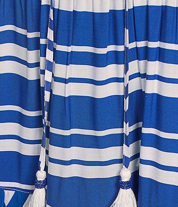 Multiples Split Round Neck Short Puff Sleeve Multi Tiered Printed Challis A-Line Midi Dress Product Image