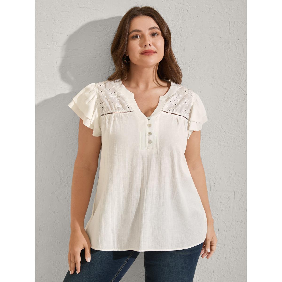 Plus Size Originalwhite Cotton Lace Eyelet Trim Layered Sleeve Blouse Women Boho Cap Sleeve Flat collar with V-notch Vacation Blouses BloomChic 18-20/2X Product Image