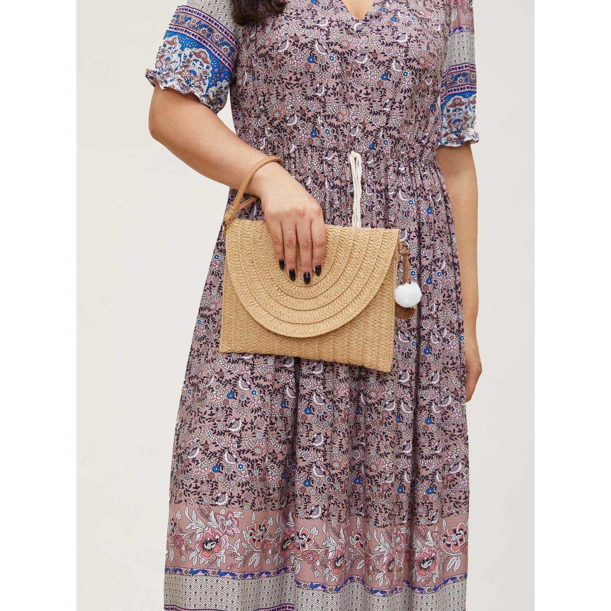 Plus Size Boho Print Notched Ties Tassel Trim Dress DustyPink Women Boho Non Flat collar with V-notch Short sleeve Curvy BloomChic 28/5X Product Image