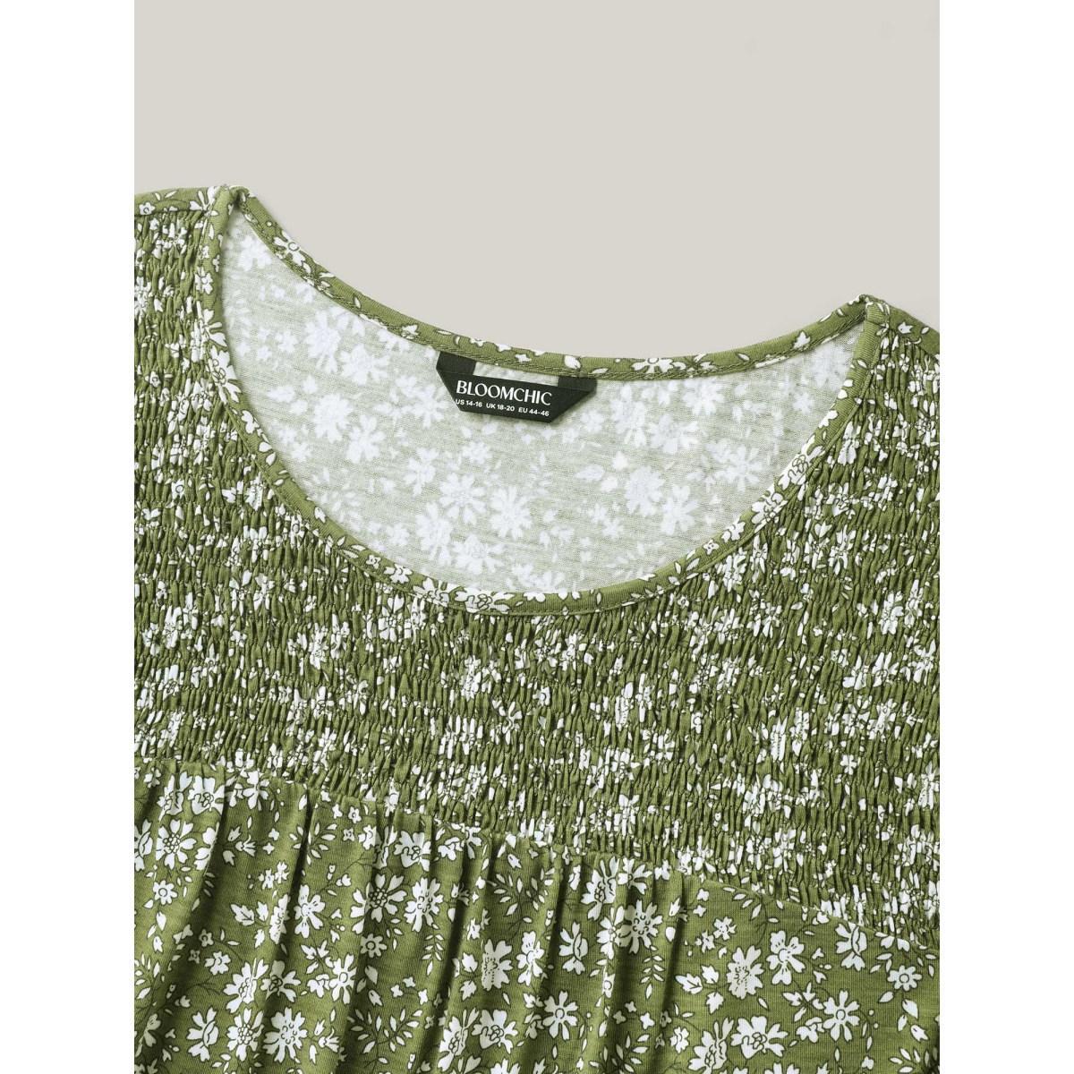 Plus Size Floral Print Shirred Neck T-Shirt Moss Women Gathered Round Neck Everyday-Casual T-shirts BloomChic 22-24/3X Product Image