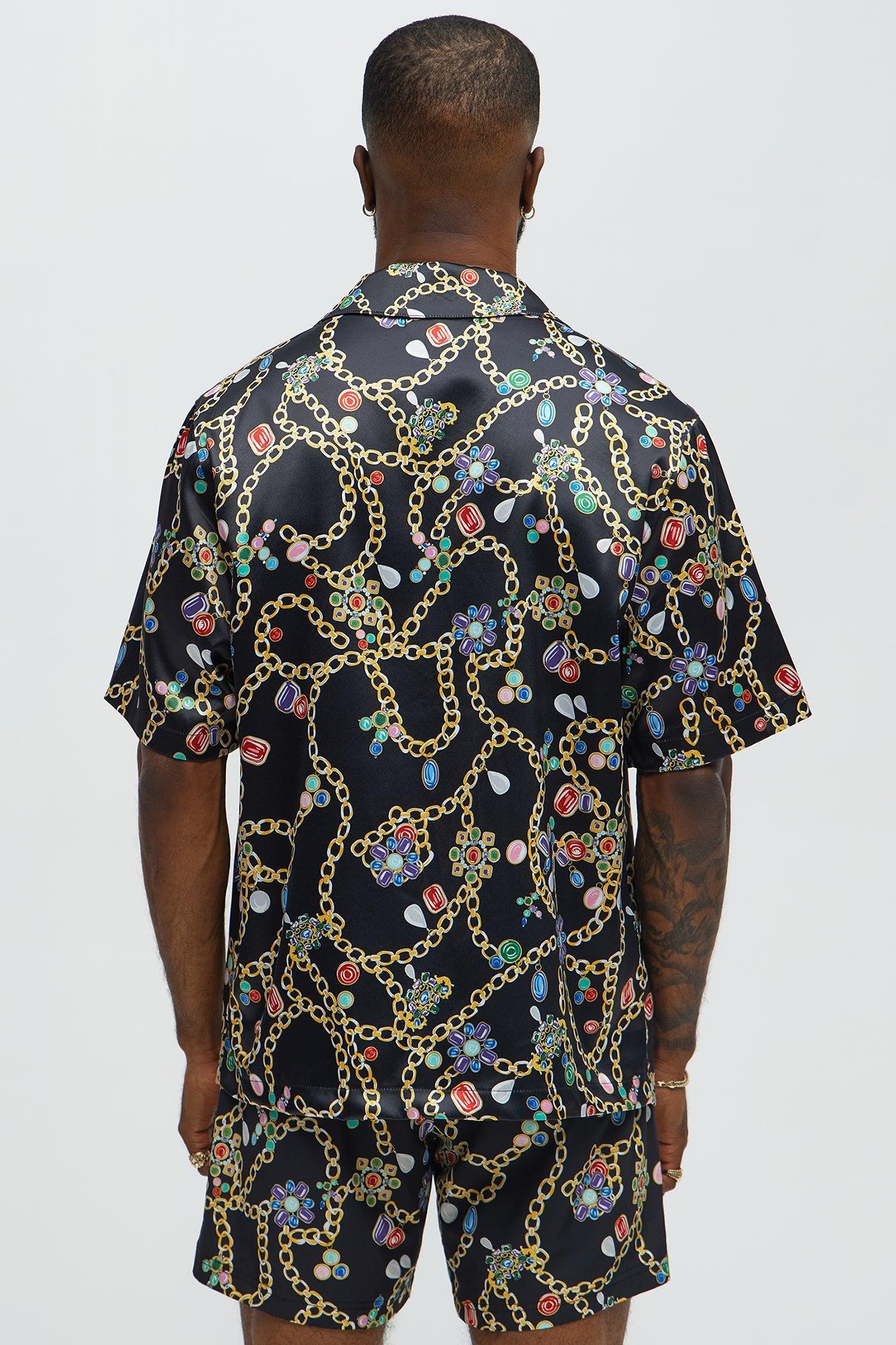 Tidal Jewel Printed Cuban Collar Button Up Shirt - Black/combo Product Image