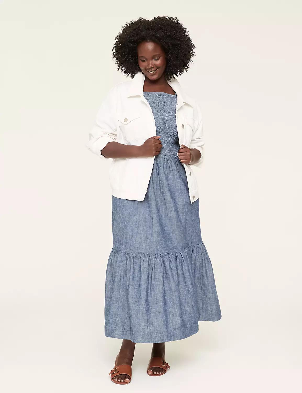 Chambray Smocked-Bodice Midi Dress Product Image