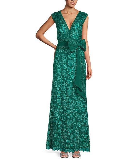 Tadashi Shoji Floral Embroidered Lace V-Neck Sleeveless Bow Gown Product Image