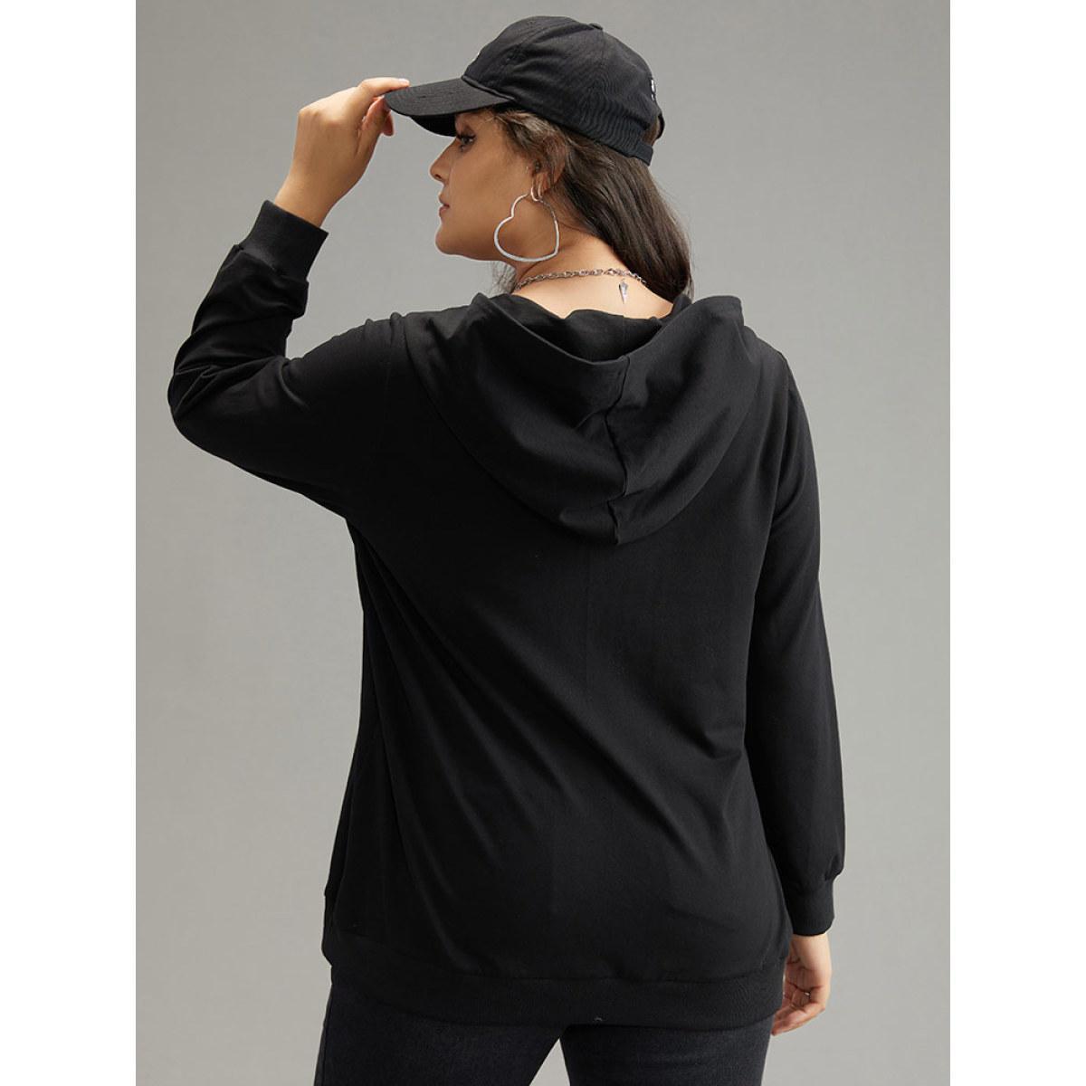 Plus Size Cotton Solid Pocket Hooded Sweatshirt Women Black Casual Elastic cuffs Hooded Dailywear Sweatshirts BloomChic 30/6X Product Image