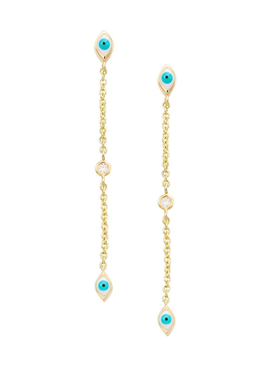 Womens 14K Yellow Gold, Enamel, & Diamond Evil-Eye Chain Drop Earrings Product Image