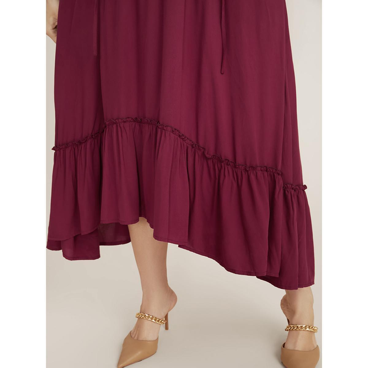 Plus Size Solid Pocket Button Detail Tie Neck Shirred Ruffles Dress Burgundy Women Elegant Pocket V-neck Long Sleeve Curvy Midi Dress BloomChic 14-16/1X Product Image