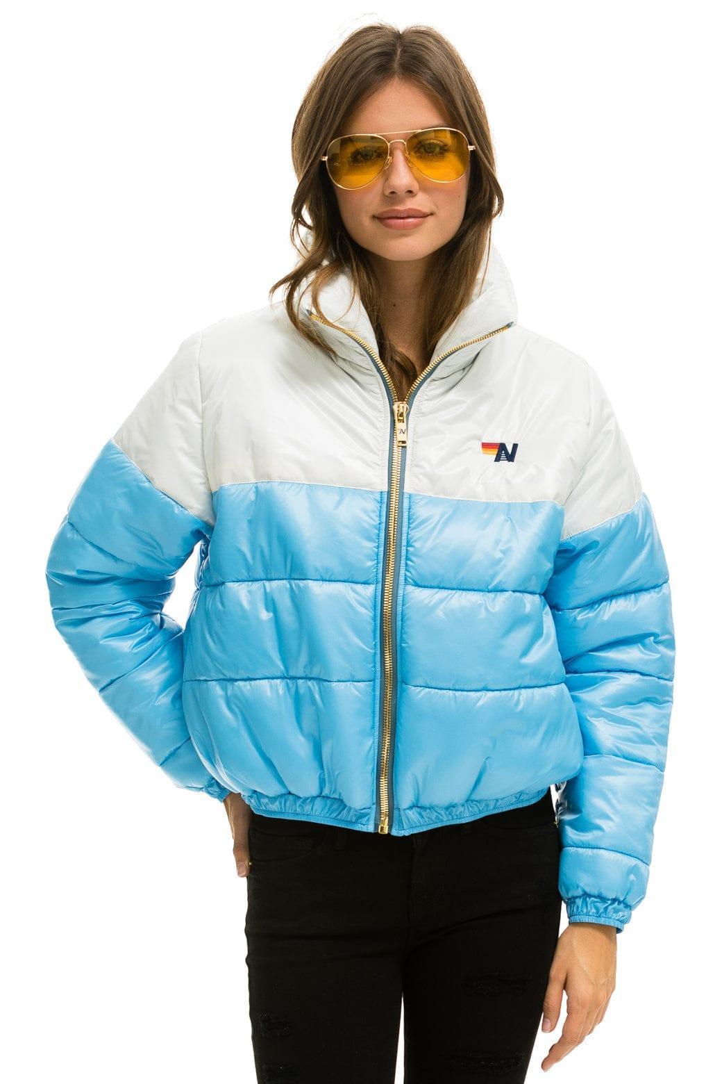 COLOR BLOCK HALF AND HALF APRES PUFFER JACKET - WHITE GLOSSY Female Product Image