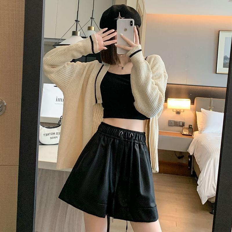 Drawstring Waist Plain Faux Leather Shorts Product Image