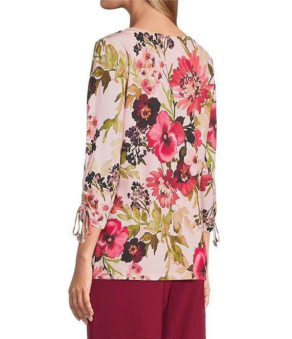 Allison Daley Petite Size Pansy Garden Print Embellished 3/4 Ruched Tie Sleeve Square Neck Knit Top Product Image