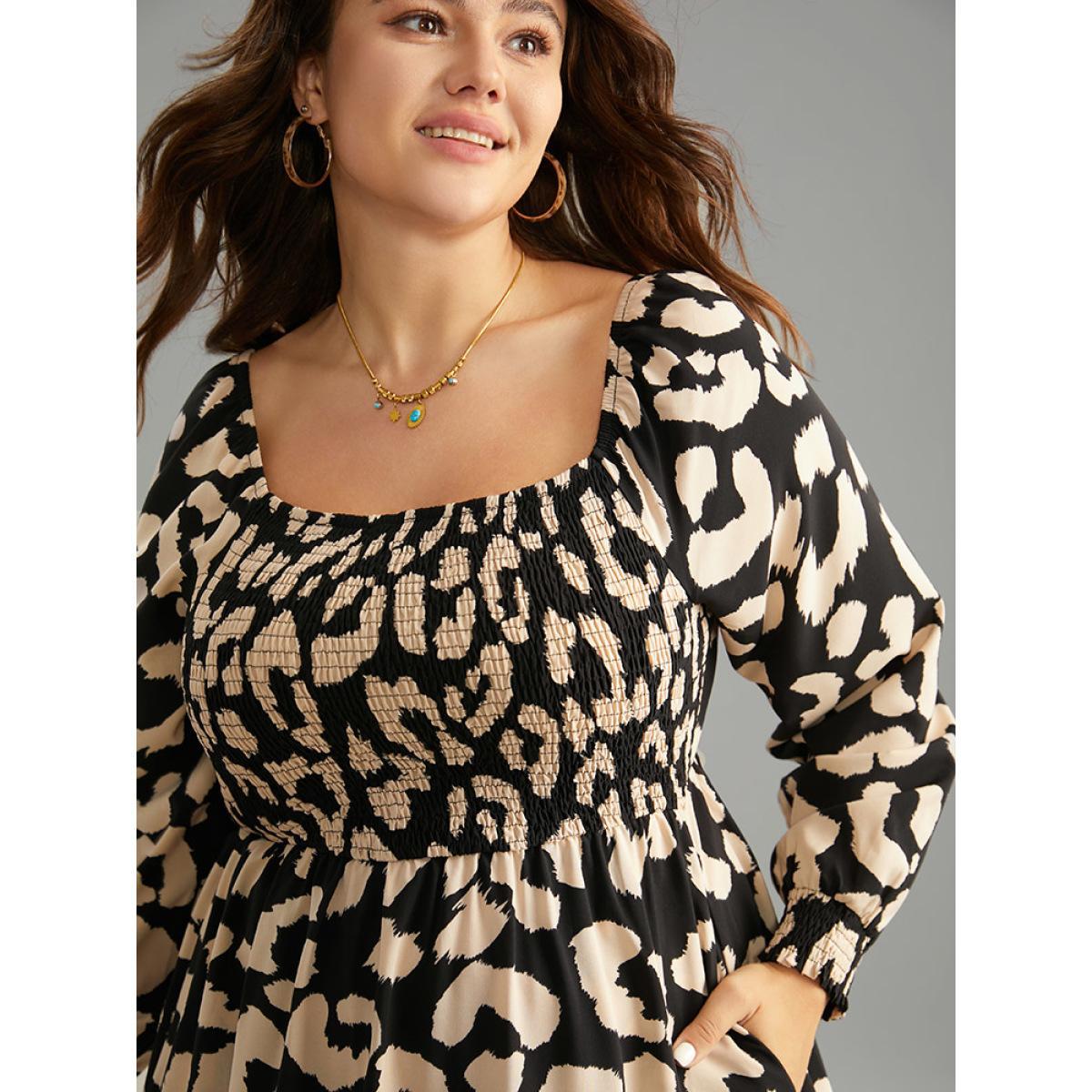 Plus Size Leopard Shirred Square Neck Lantern Sleeve Dress Black Women At the Office Printed Square Neck Long Sleeve Curvy Midi Dress BloomChic 18-20/2X Product Image