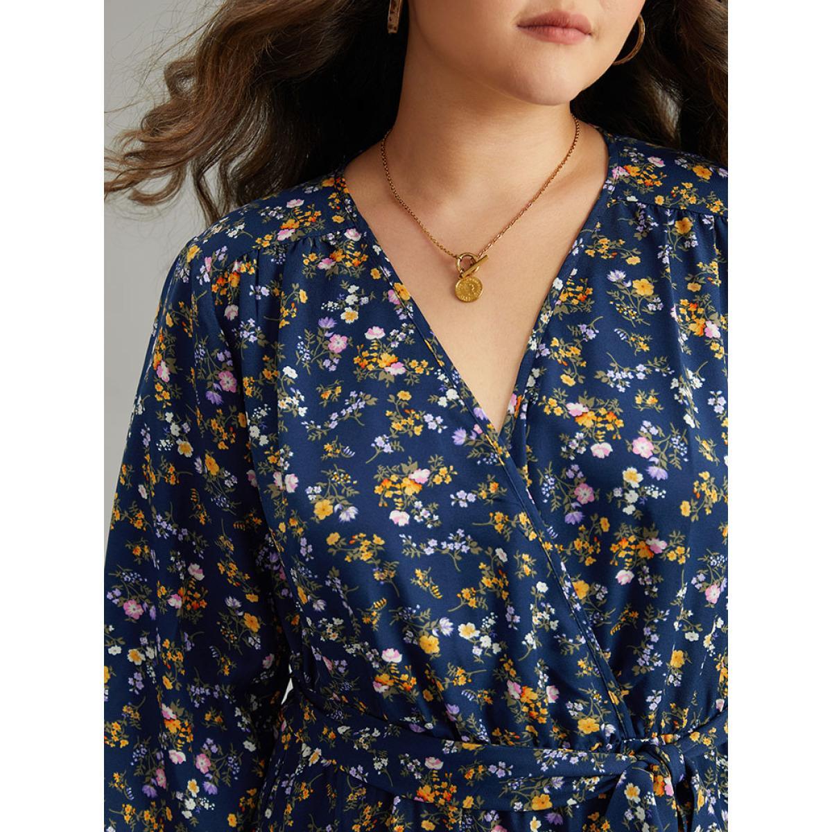 Plus Size Ditsy Floral Elastic Cuffs Surplice Neck Dress DarkBlue Women Elegant Elastic cuffs Overlap Collar Long Sleeve Curvy Midi Dress BloomChic 10/M Product Image