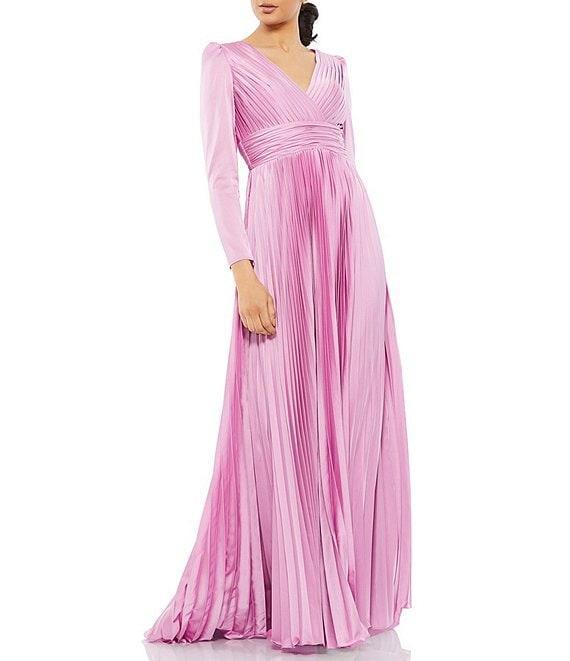 Mac Duggal Surplice V-Neck 3/4 Sleeve Pleated A-Line Gown Product Image