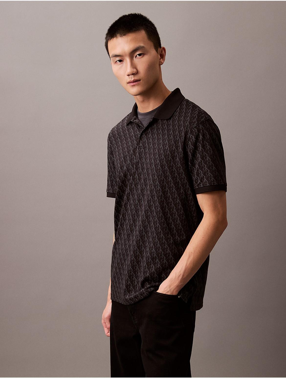 Calvin Klein Mens Liquid Touch Monogram Logo Print Polo Shirt - Black - S Product Image