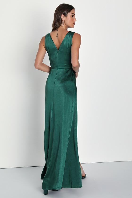 Perfect Refinement Emerald Satin Sleeveless Pleated Maxi Dress Product Image