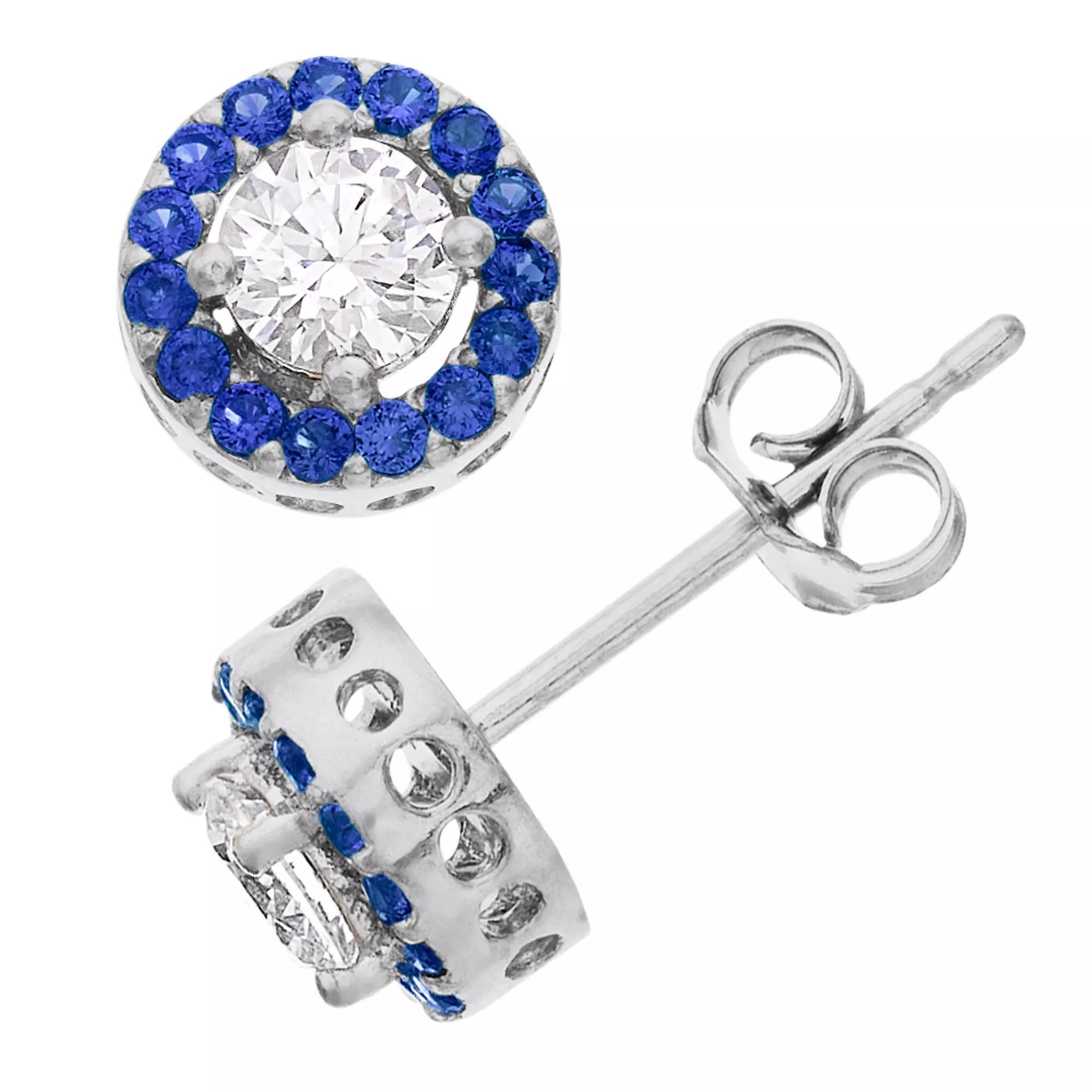 Aleure Precioso Sterling Silver Lab-Created Gemstone & Cubic Zirconia Halo Stud Earrings, Women's, Sterling Silver Blue Product Image