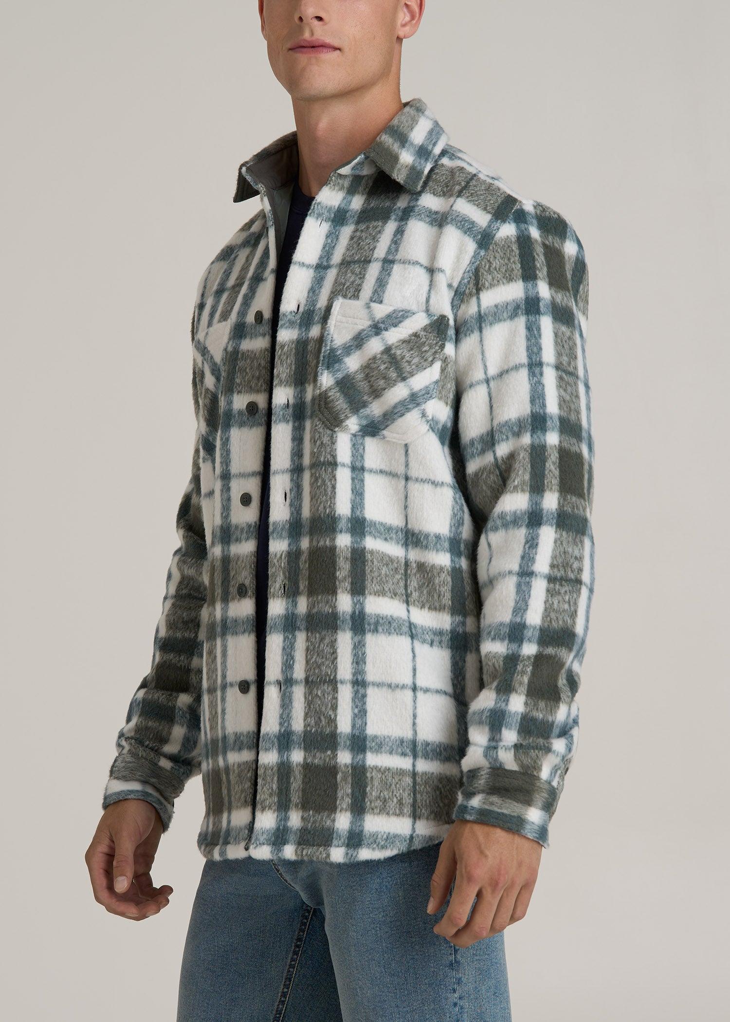Brushed Flannel Overshirt for Tall Men in Ecru and Green Plaid Male Product Image