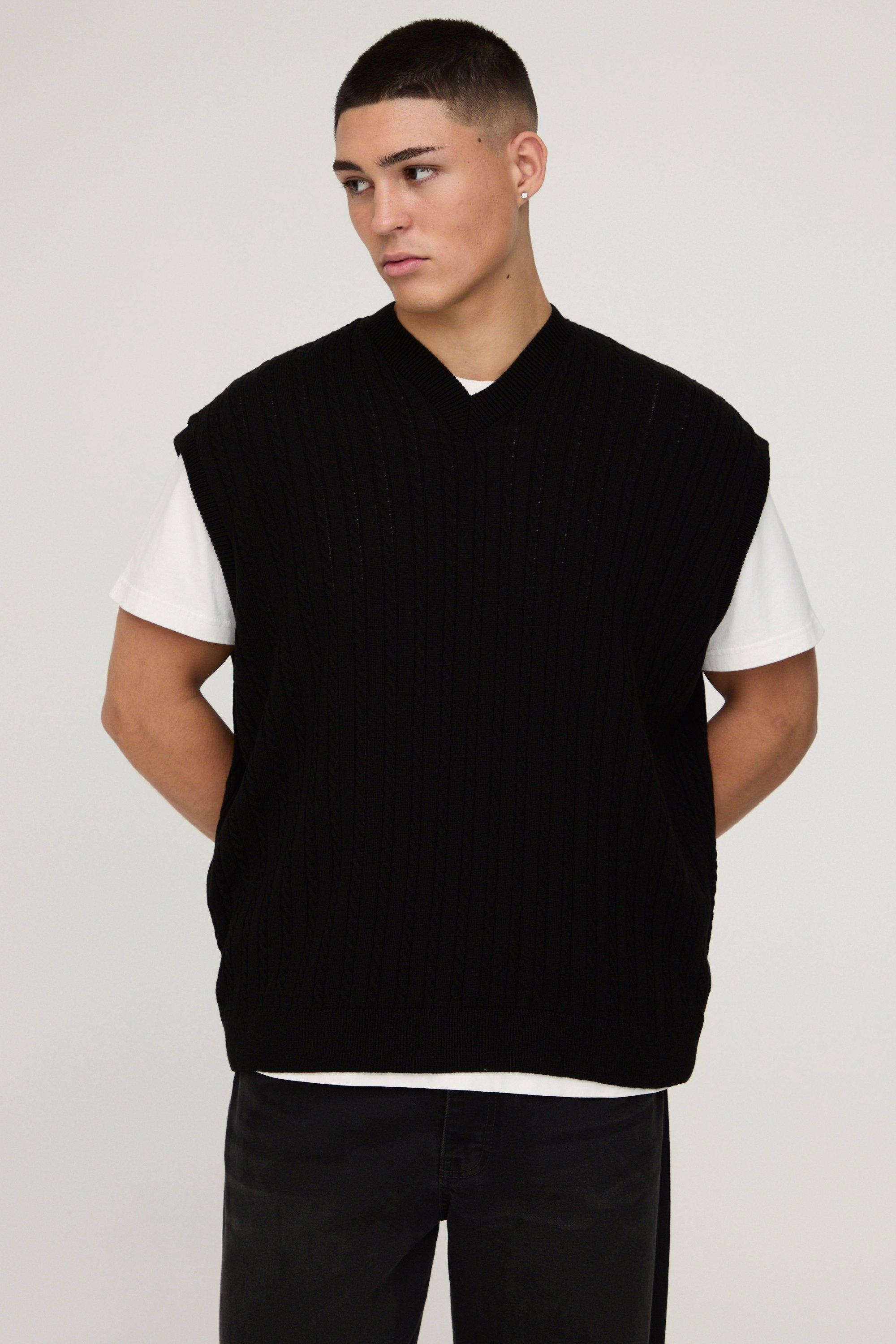 Oversized V Neck Cable Knitted Vest | boohooMAN USA Product Image