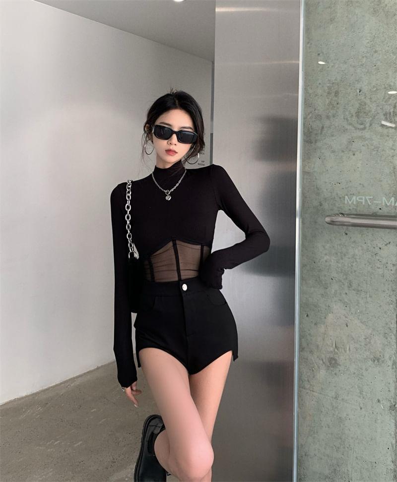 Long Sleeve Mock Neck Mesh Panel Top / High Waist Plain Shorts Product Image