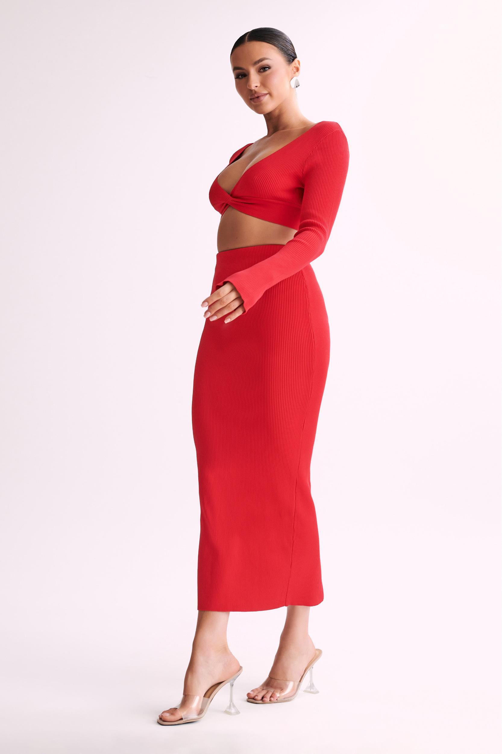 Kaesha Split Maxi Knitted Skirt - Red Product Image