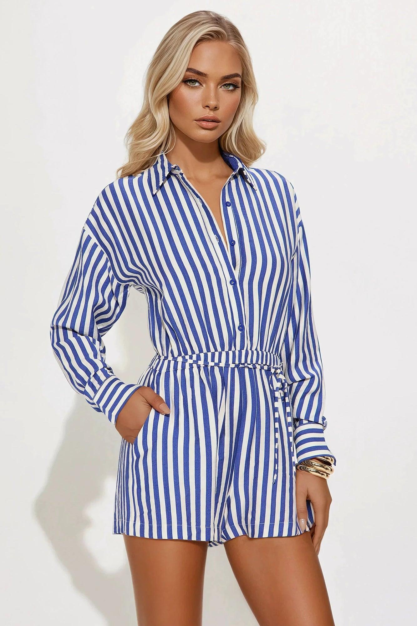 Callie Striped Romper - White/Blue Product Image