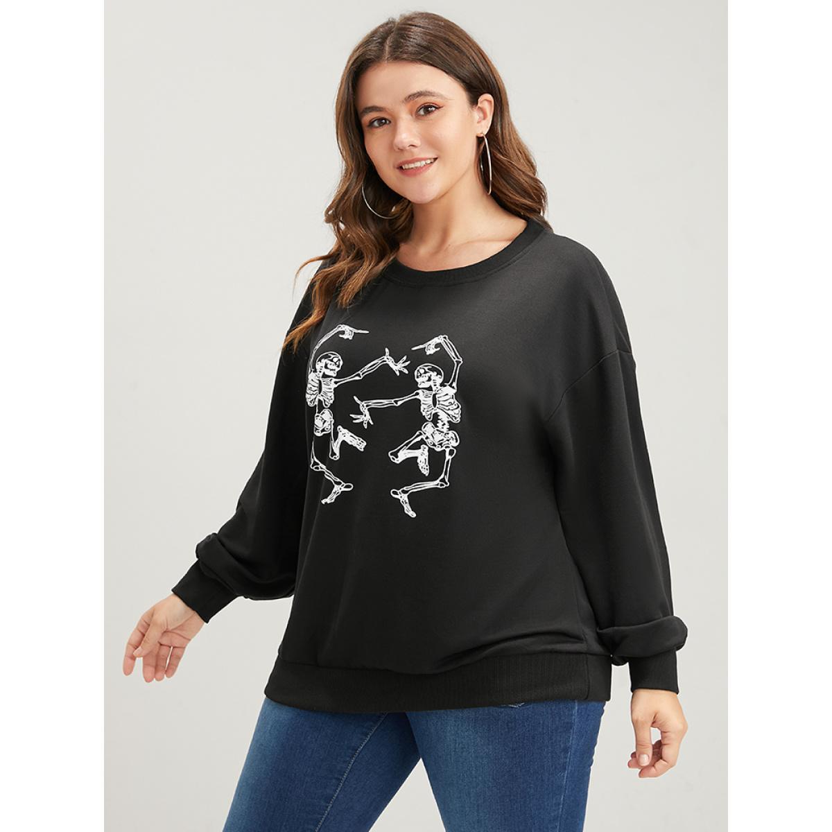 Plus Size Halloween Solid Skull Print Drop Shoulder Sweatshirt Women Black Casual Plain Loose Round Neck Dailywear Sweatshirts BloomChic 22-24/3X Product Image