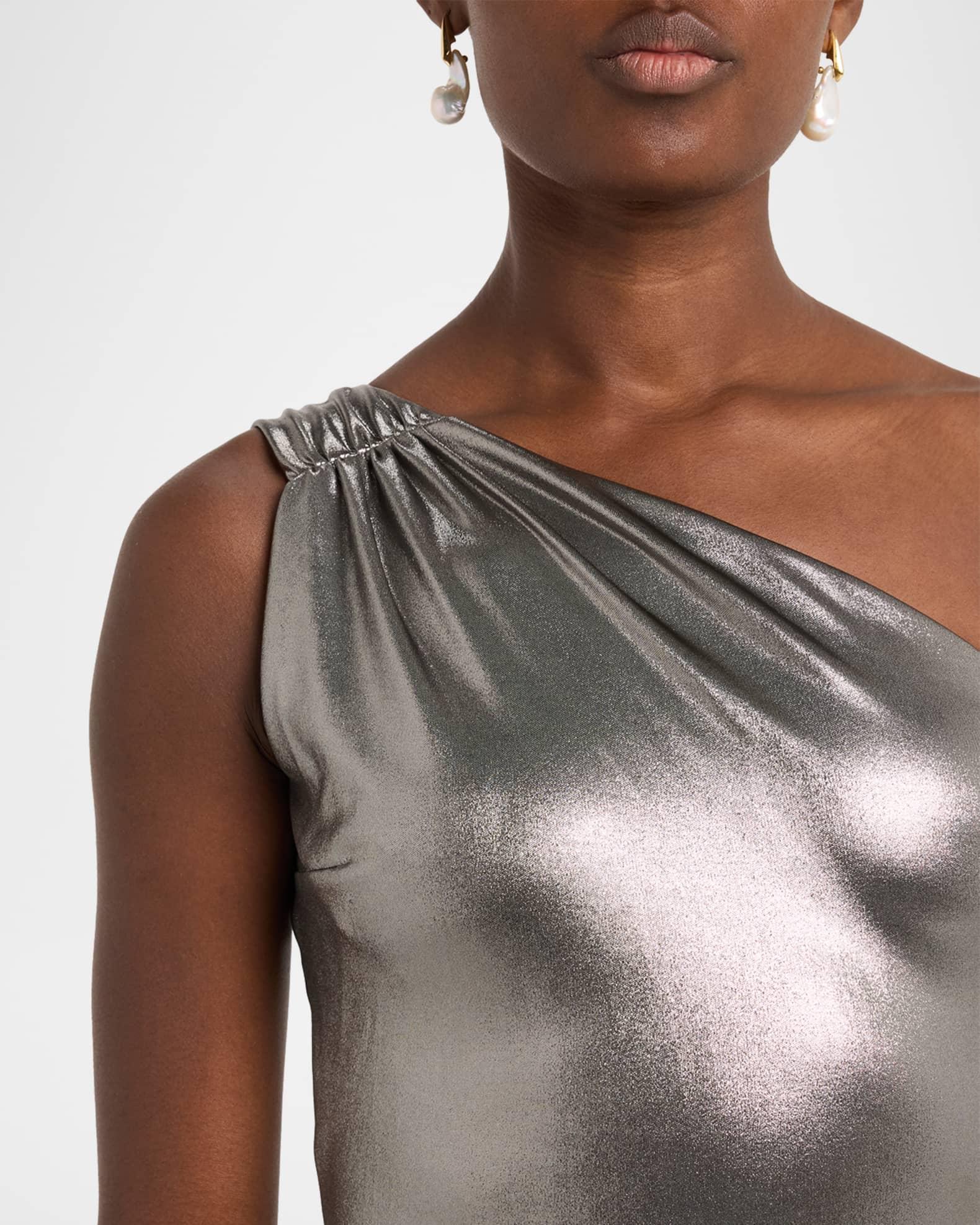Ruched One-Shoulder Metallic Jersey Gown Product Image