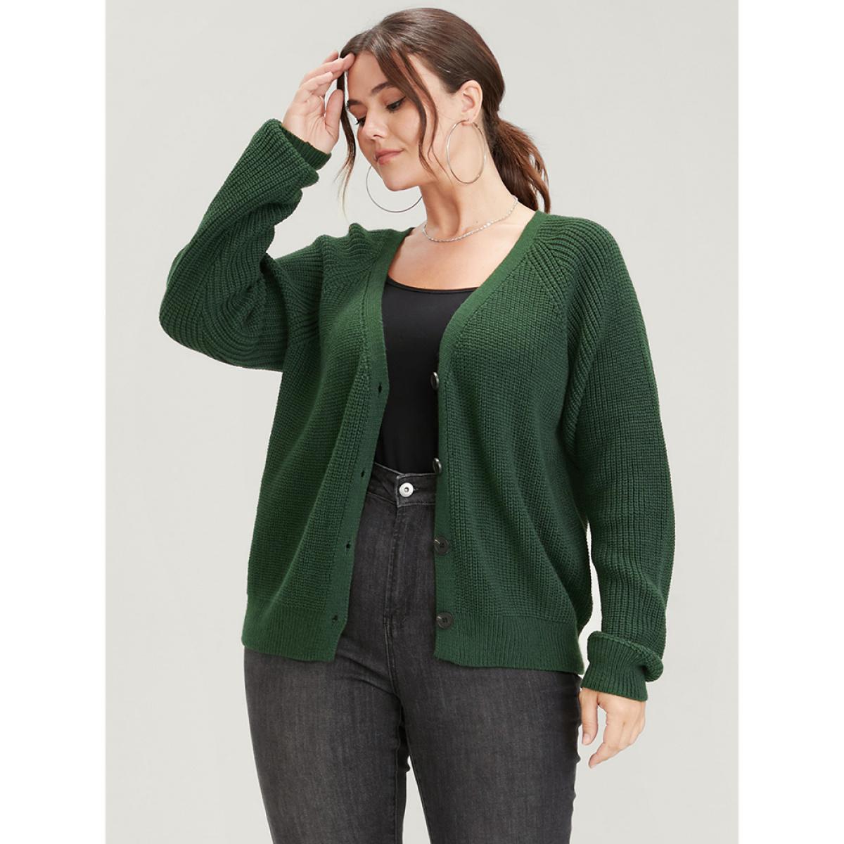 Plus Size Solid Pointelle Knit Raglan Sleeve Button Front Cardigan DarkGreen Women Elegant Loose Long Sleeve Dailywear Cardigans BloomChic 28/5X Product Image