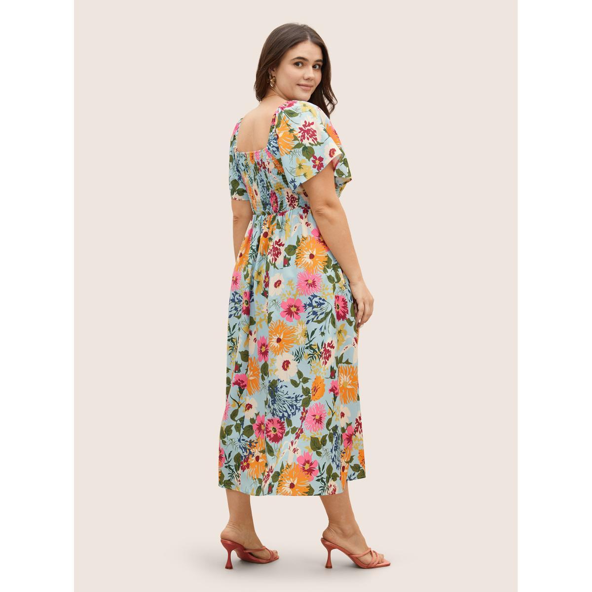 Plus Size Floral Shirred Square Neck Pocket Midi Dress LightBlue Women Romantic Non Square Neck Short sleeve Curvy Midi Dress BloomChic 30/6X Product Image