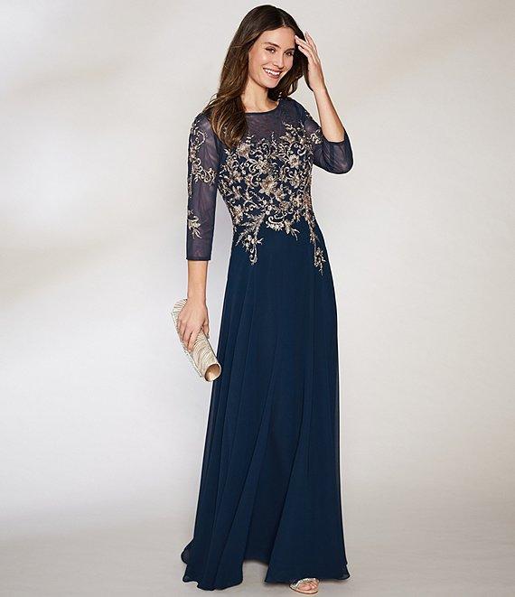 Betsy & Adam Embroidered Bodice Boat Neck 3/4 Sleeve Chiffon Gown Product Image