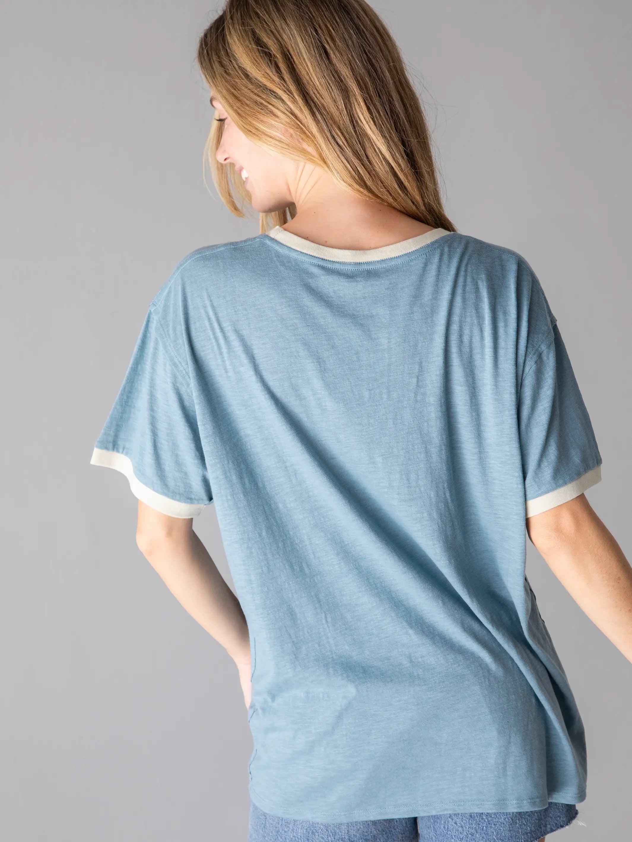 Ringer Oversized Tee Shirt - Blue Folk Flower Product Image