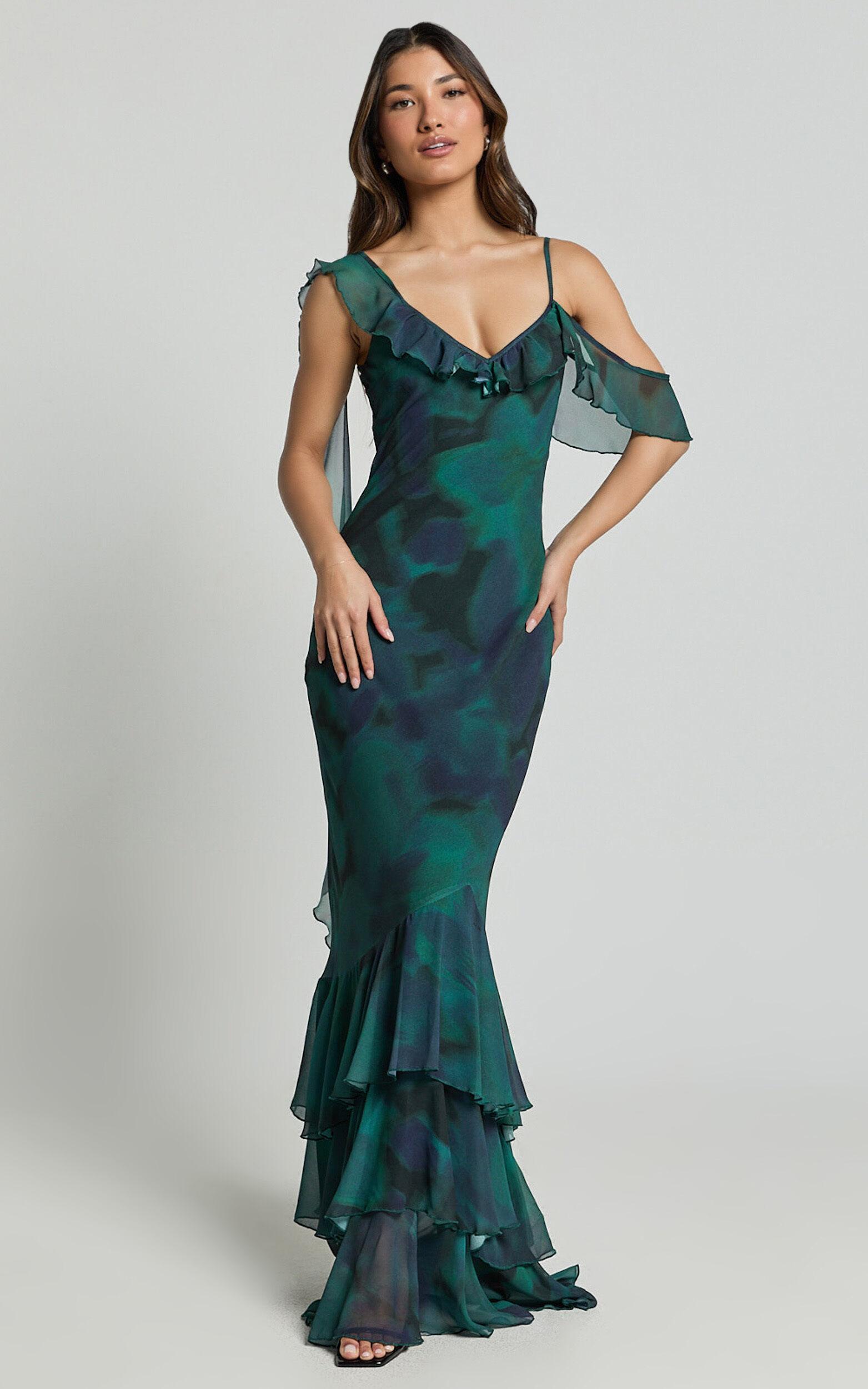 Riley Maxi Dress - Asymmetric Ruffle Detail Maxi Dress in Moss Adeana Product Image