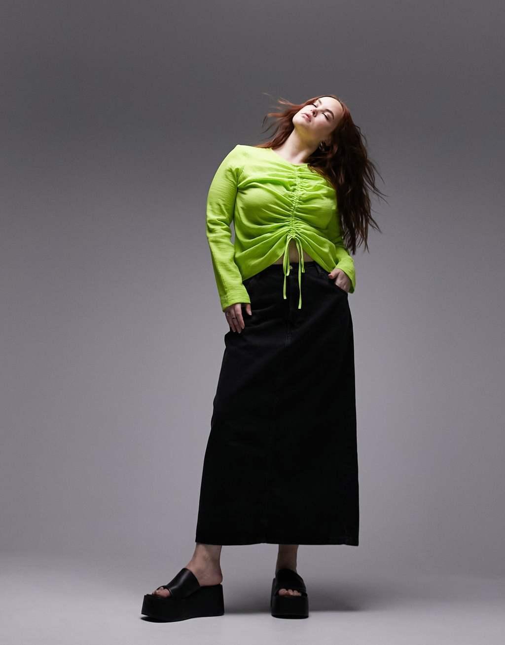 Topshop Curve long sleeve ruched front top in lime  Product Image