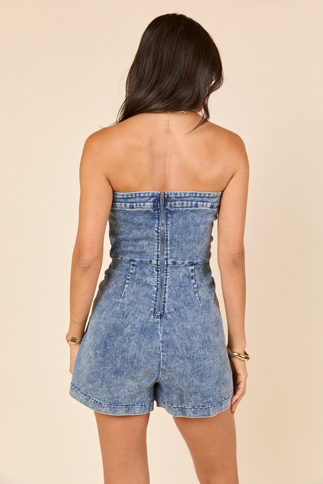 So You Say Strapless Denim Wrap Style Romper SALE Product Image